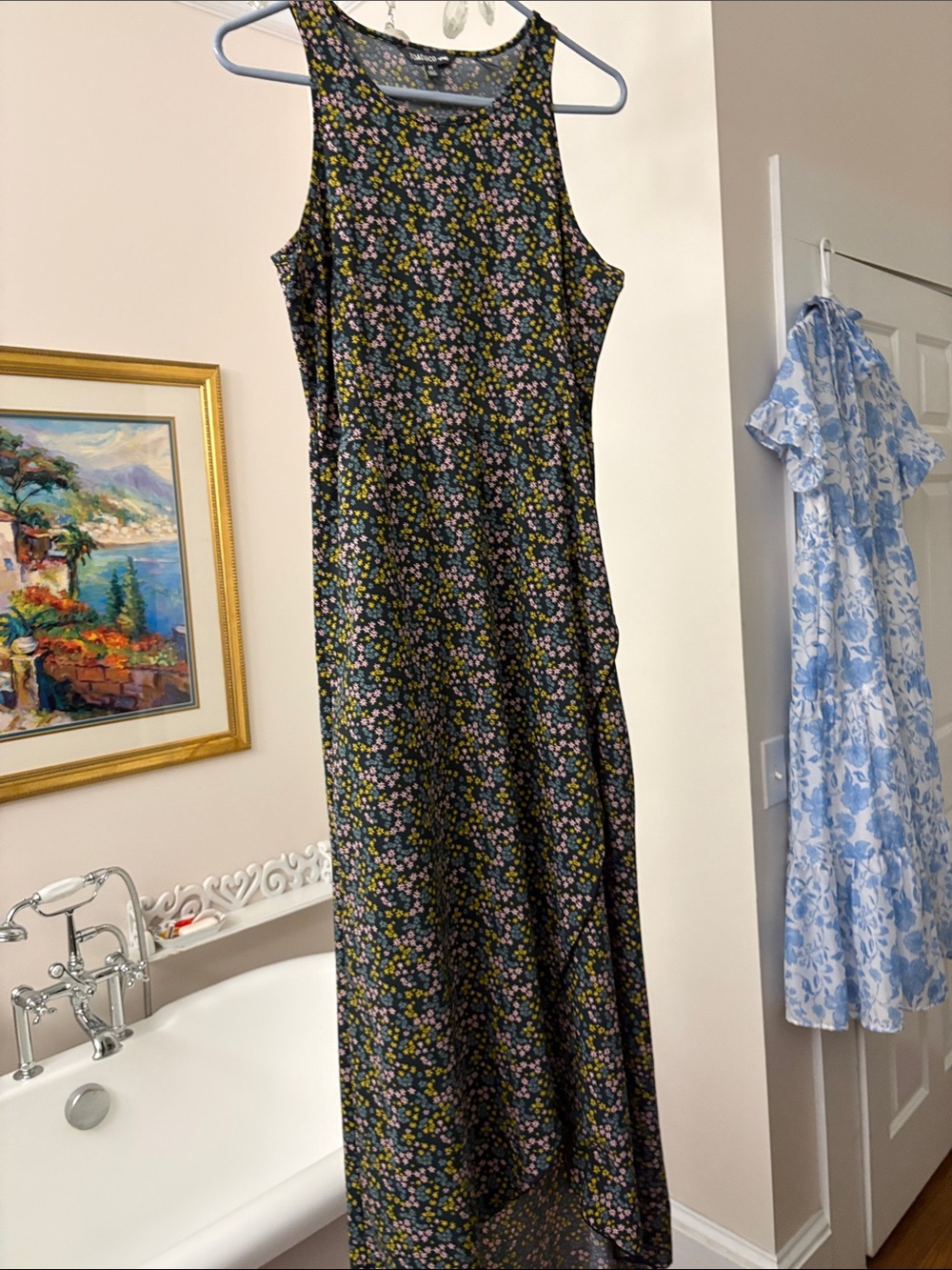 Toad&Co Black Maxi Dress with Pink, Yellow and Green Floral.Great for travel.
